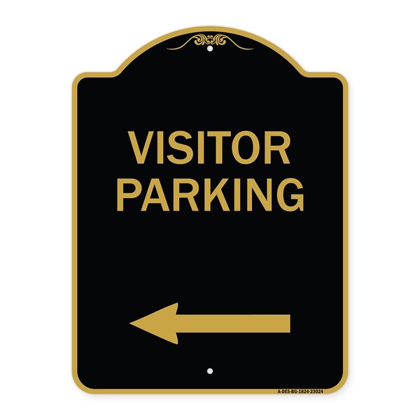 Reserved Parking Visitor Parking Arrow Pointing Left, Black & Gold Alum, 18" x 24", BG-1824-23024